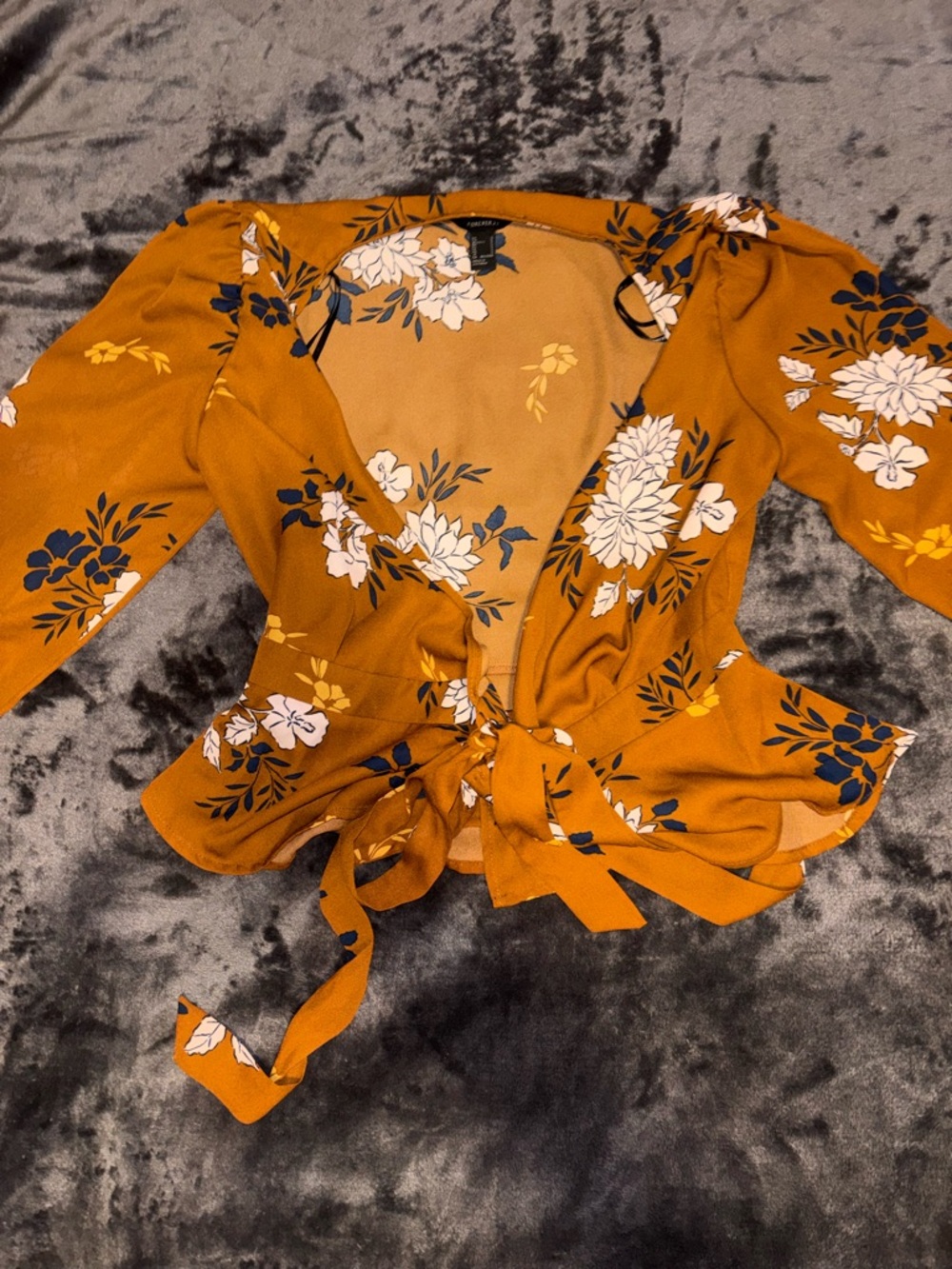 Forever 21 Mustard Floral Tie-Front Wrap Blouse